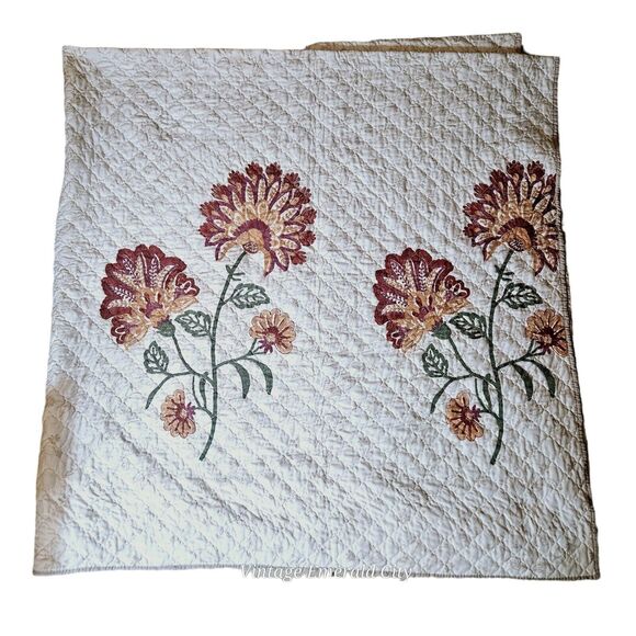 Vtg Double Full size Curio Quilt Reversible Flower Embroidered Bedspread Blanket - Picture 4 of 15